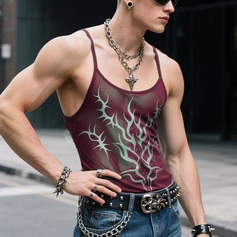 a sexy man in wine red Sin City Flame Mesh Cami - pridevoyageshop.com - gay men’s harness, lingerie and fetish wear