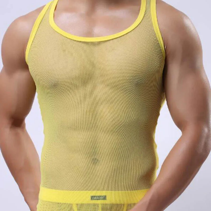 a sexy man in yellow Bois Veil Sheer Tank – pridevoyageshopcom – gay mens clubwear mesh tanks crop tops fashion tops partywear activewear