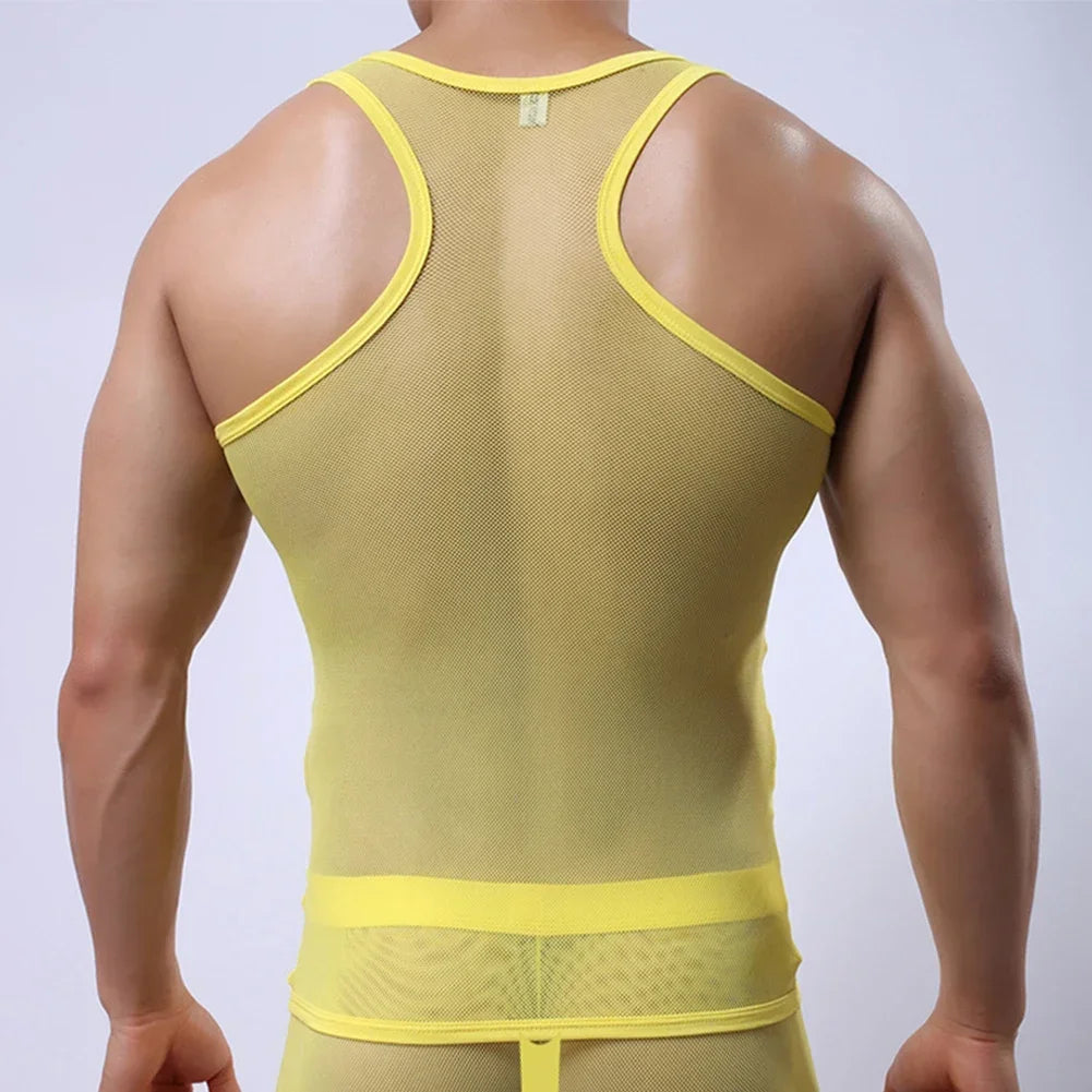 a sexy man in yellow Bois Veil Sheer Tank – pridevoyageshopcom – gay mens clubwear mesh tanks crop tops fashion tops partywear activewear