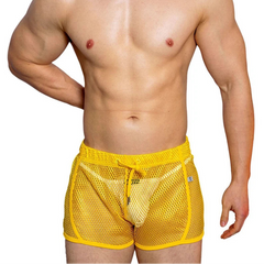 a sexy man in yellow DM Men’s Trade Bait See-Thru Mesh Shorts – pridevoyageshop.com – gay men’s sexy swim briefs, trunks, board shorts, and bikinis