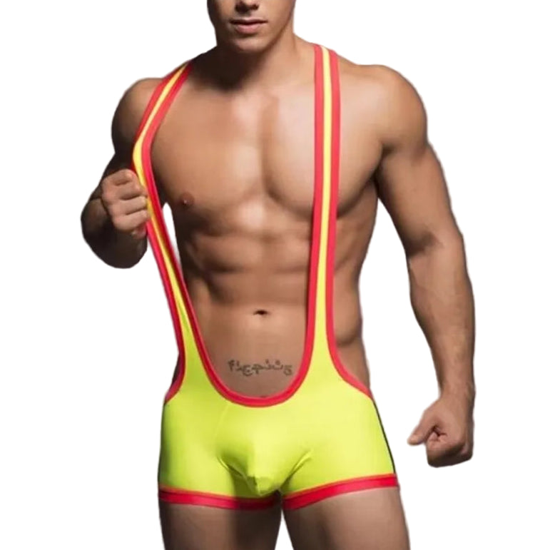 a sexy man in yellow Men’s Centerline Singlet – pridevoyageshop.com – gay men’s harness, lingerie and fetish wear