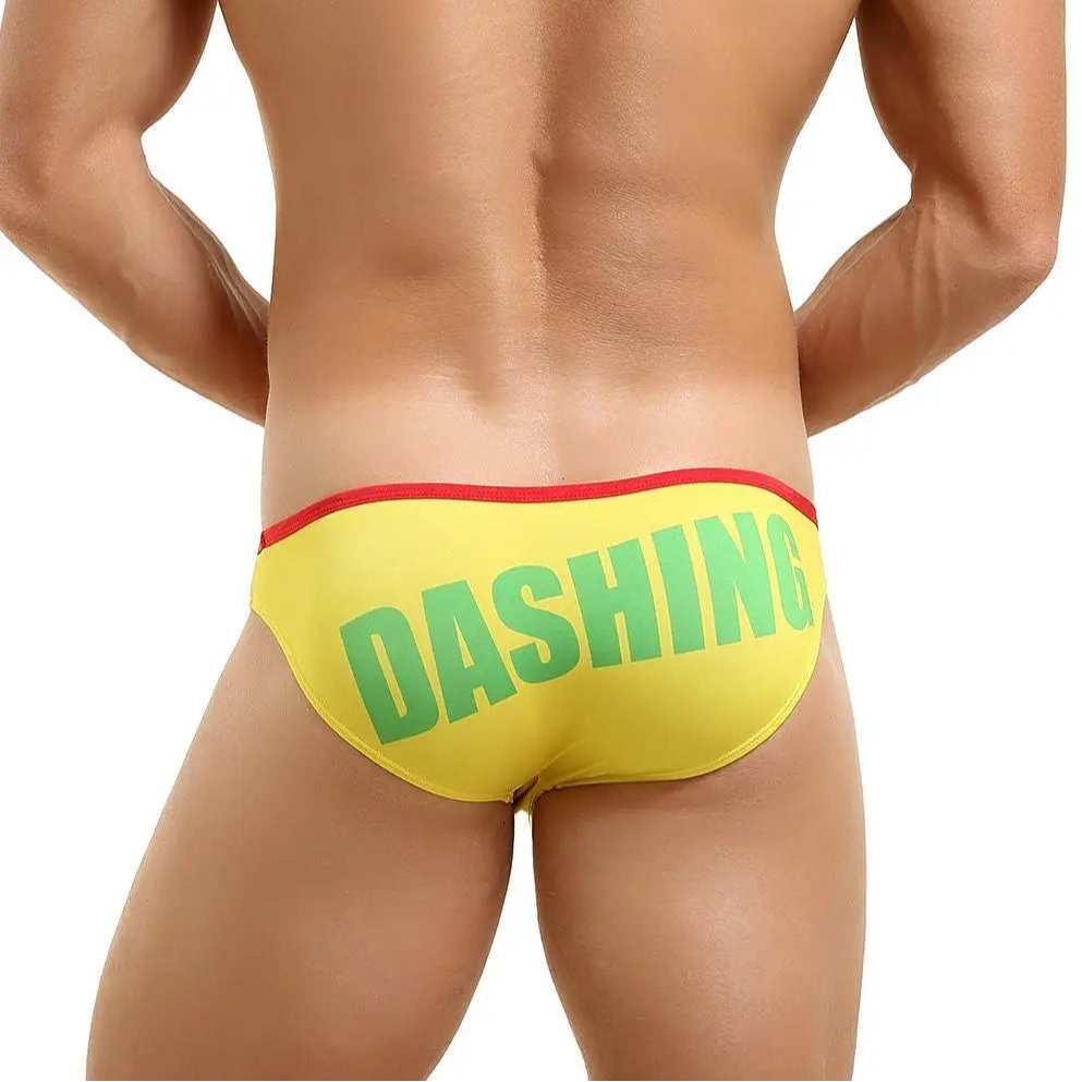 a sexy man in yellow Men’s Dockside Bulge Swim Briefs - pridevoyageshop.com - gay men’s sexy swim briefs, trunks, board shorts, and bikinis