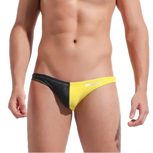 a sexy man in yellow Men’s Power Split Swim Briefs - pridevoyageshop.com - gay men’s sexy swim briefs, trunks, board shorts, and bikinis