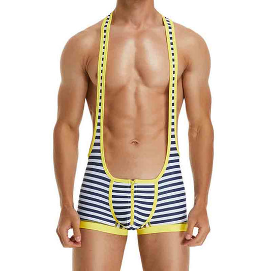 a sexy man in yellow The Commodore Nautical Zip Singlet – pridevoyageshop.com – gay men’s harness, lingerie and fetish wear