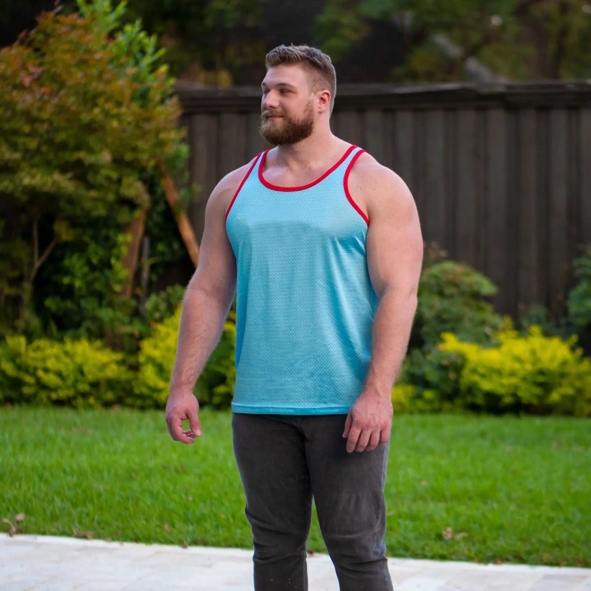 a sexy muscle bear in baby blue Daddys Tryout Mesh Tank – pridevoyageshopcom – gay mens clubwear mesh tanks crop tops fashion tops partywear activewear