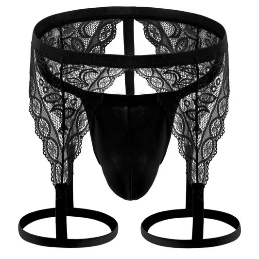 black Men’s Lace Suspender Garter Thong - pridevoyageshop.com - gay men’s thongs, boxers, briefs and jockstraps