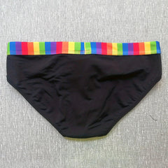 black Men’s Pride Patrol Rainbow Band Swim Briefs - pridevoyageshop.com - gay men’s sexy swim briefs, trunks, board shorts, and bikinis