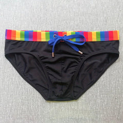 black Men’s Pride Patrol Rainbow Band Swim Briefs - pridevoyageshop.com - gay men’s sexy swim briefs, trunks, board shorts, and bikinis