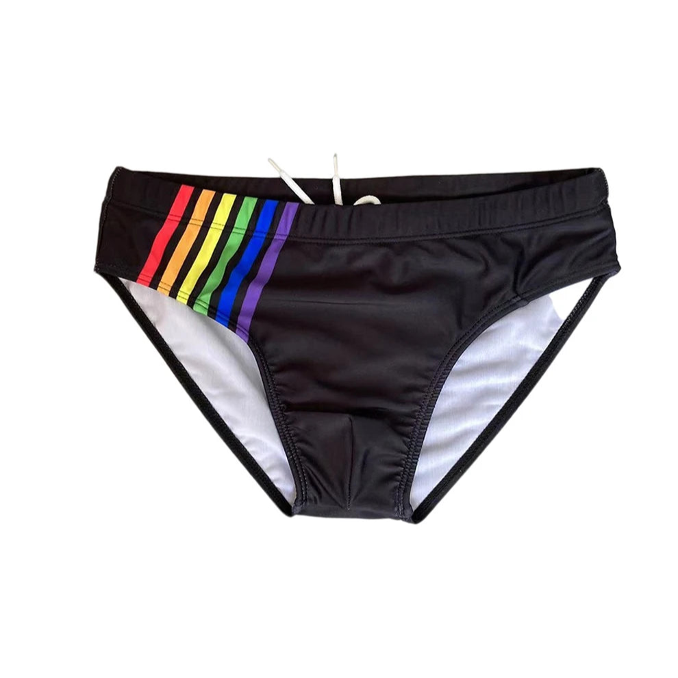 black Men’s Pride Streak Bikini Swim Briefs - pridevoyageshop.com - gay men’s sexy swim briefs, trunks, board shorts, and bikinis