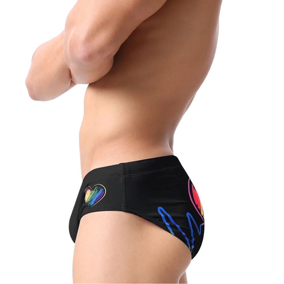 black Men’s Rainbow Heartbeat Swim Briefs - pridevoyageshop.com - gay men’s sexy swim briefs, trunks, board shorts, and bikinis