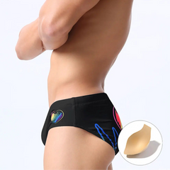 black Men’s Rainbow Heartbeat Swim Briefs with pad - pridevoyageshop.com - gay men’s sexy swim briefs, trunks, board shorts, and bikinis