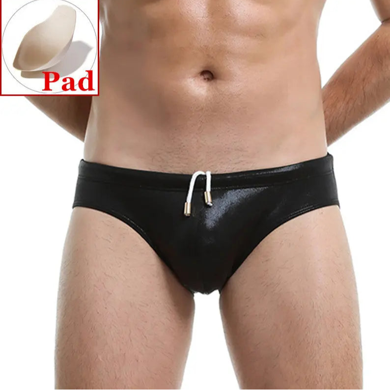black Men’s Slay the Shine Shiny Swim Briefs with pad - pridevoyageshop.com - gay men’s sexy swim briefs, trunks, board shorts, and bikinis