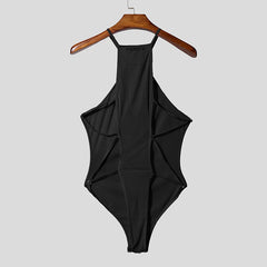 black Night Shift Keyhole Halter Bodysuit flat lay with front keyhole cut-out and high-leg silhouette – pridevoyageshop.com – gay men’s harness, lingerie and fetish wear