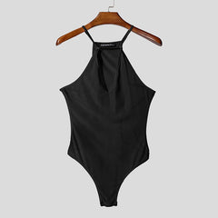 black Night Shift Keyhole Halter Bodysuit flat lay with front keyhole cut-out and high-leg silhouette – pridevoyageshop.com – gay men’s harness, lingerie and fetish wear