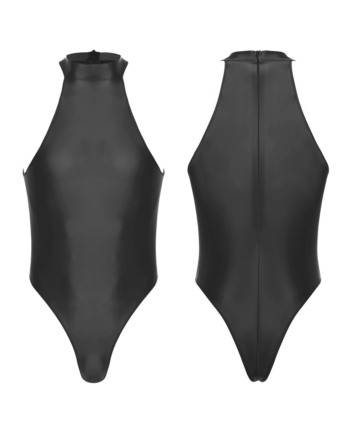 black Profile High-Neck Halter Leotard flat-lay detail showing high-neck halter cut and body-shaping fit – pridevoyageshop.com – gay men’s harness, lingerie and fetish wear