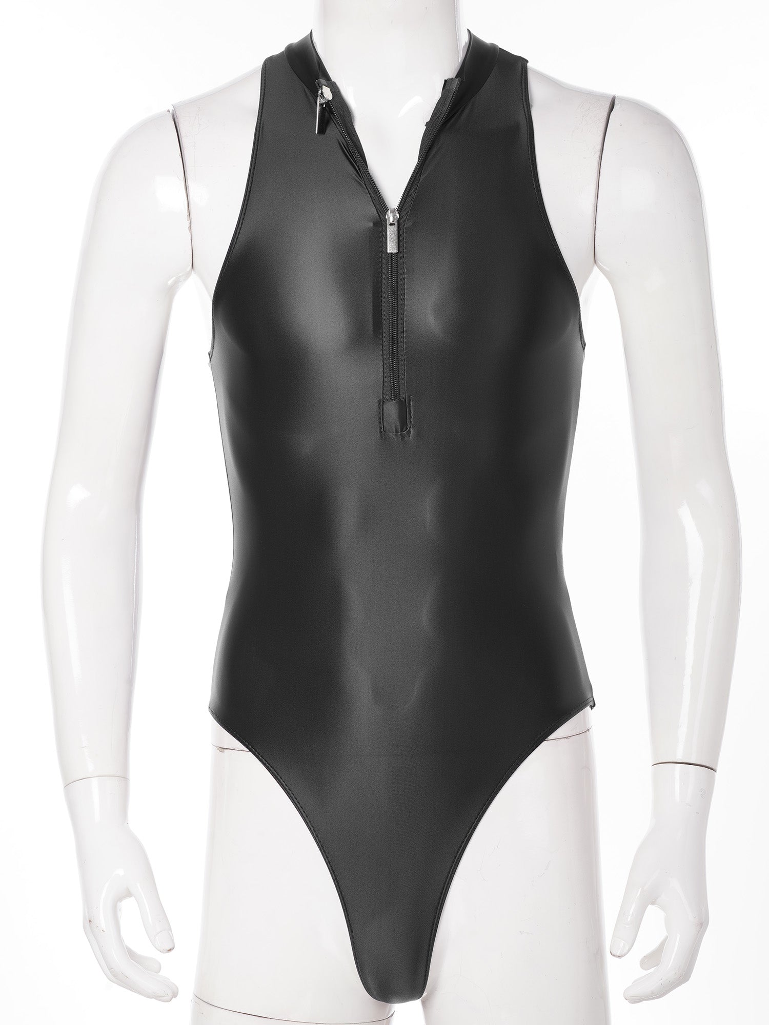 black Riptide Zip Racer Leotard flat-lay showing zipper front and racer sporty silhouette – pridevoyageshop.com – gay men’s harness, lingerie and fetish wear
