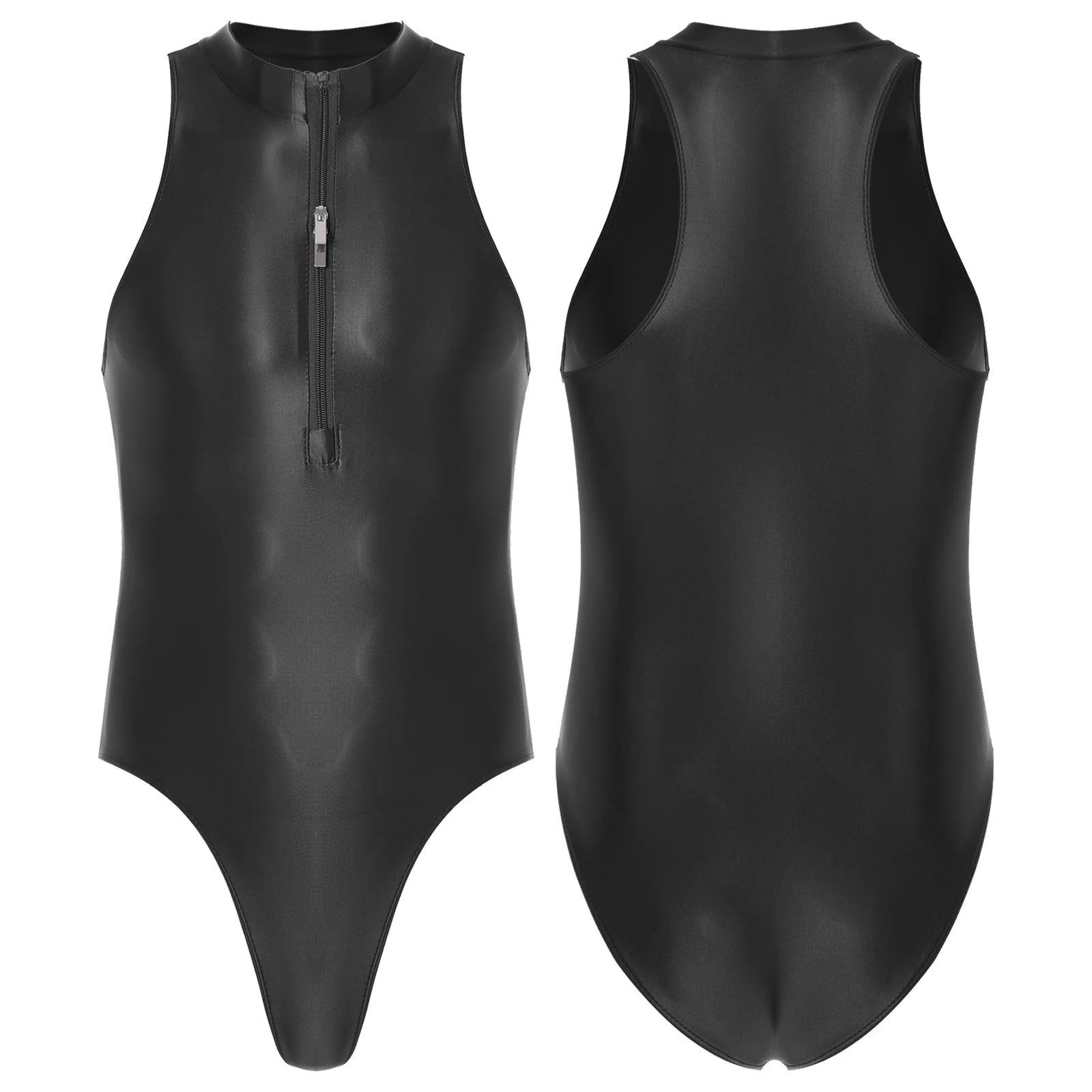 black Riptide Zip Racer Leotard flat-lay showing zipper front and racer sporty silhouette – pridevoyageshop.com – gay men’s harness, lingerie and fetish wear
