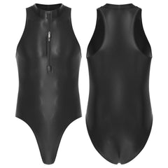 black Riptide Zip Racer Leotard flat-lay showing zipper front and racer sporty silhouette – pridevoyageshop.com – gay men’s harness, lingerie and fetish wear
