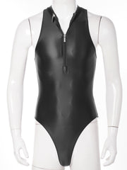 black Riptide Zip Racer Leotard flat-lay showing zipper front and racer sporty silhouette – pridevoyageshop.com – gay men’s harness, lingerie and fetish wear
