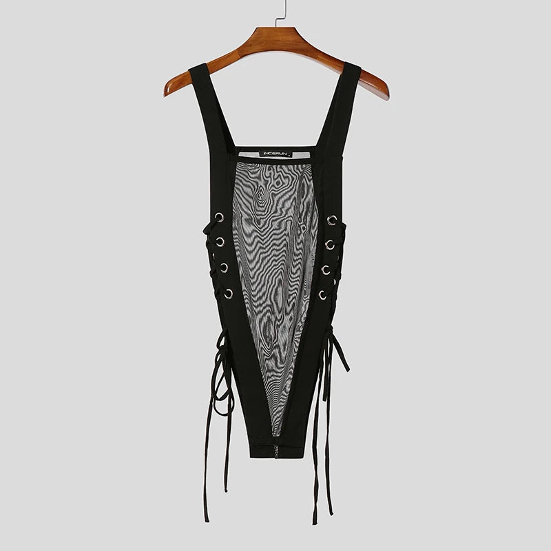 black Side Piece Lace-Up Mesh Bodysuit flat lay with sheer fabric, lace-up side panels, and open bottom cut – pridevoyageshop.com – gay men’s harness, lingerie and fetish wear