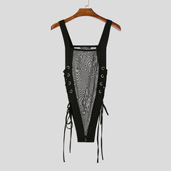 black Side Piece Lace-Up Mesh Bodysuit flat lay with sheer fabric, lace-up side panels, and open bottom cut – pridevoyageshop.com – gay men’s harness, lingerie and fetish wear