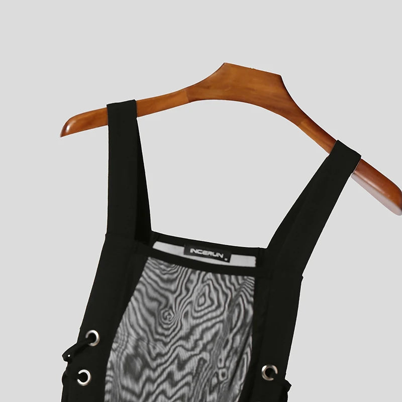 black Side Piece Lace-Up Mesh Bodysuit flat lay with sheer fabric, lace-up side panels, and open bottom cut – pridevoyageshop.com – gay men’s harness, lingerie and fetish wear