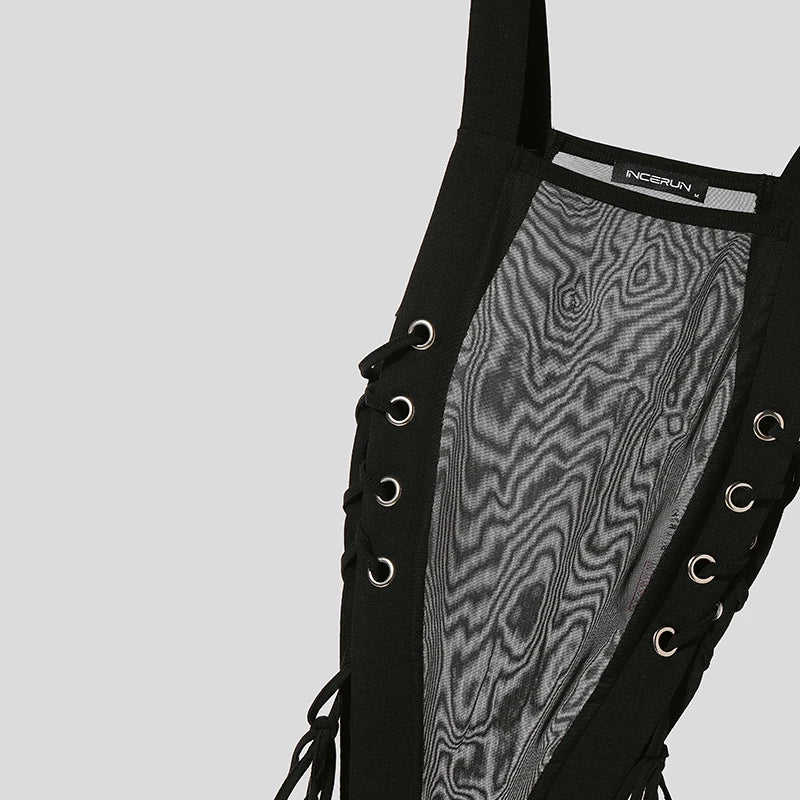 black Side Piece Lace-Up Mesh Bodysuit flat lay with sheer fabric, lace-up side panels, and open bottom cut – pridevoyageshop.com – gay men’s harness, lingerie and fetish wear