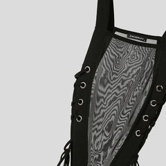 black Side Piece Lace-Up Mesh Bodysuit flat lay with sheer fabric, lace-up side panels, and open bottom cut – pridevoyageshop.com – gay men’s harness, lingerie and fetish wear
