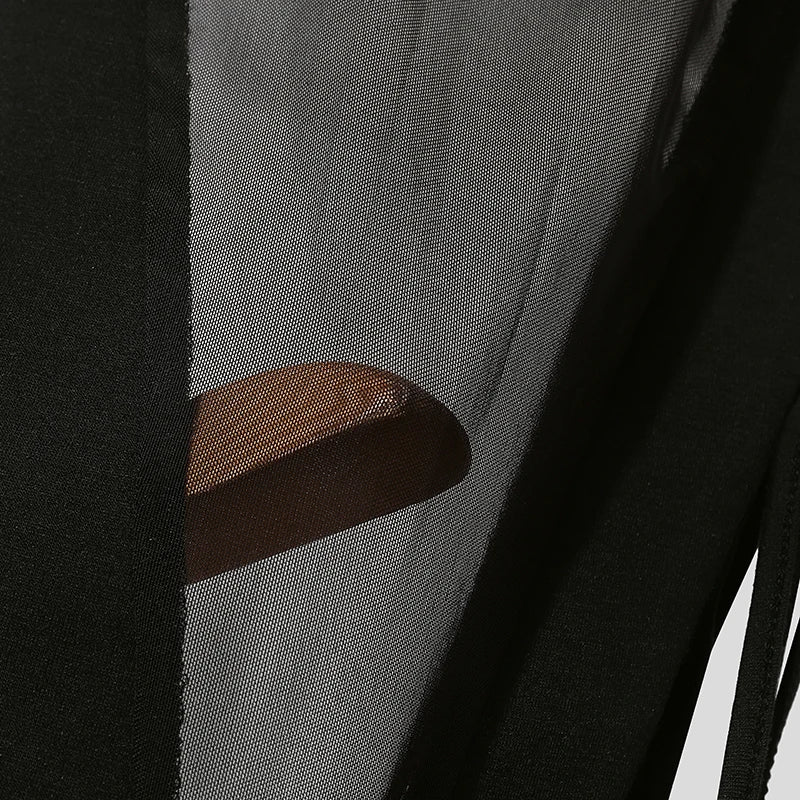 black Side Piece Lace-Up Mesh Bodysuit flat lay with sheer fabric, lace-up side panels, and open bottom cut – pridevoyageshop.com – gay men’s harness, lingerie and fetish wear