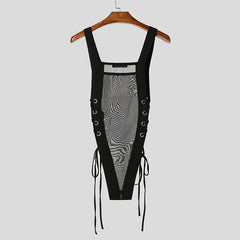 black Side Piece Lace-Up Mesh Bodysuit flat lay with sheer fabric, lace-up side panels, and open bottom cut – pridevoyageshop.com – gay men’s harness, lingerie and fetish wear