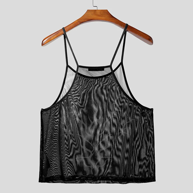 black Sin City Flame Mesh Cami - pridevoyageshop.com - gay men’s harness, lingerie and fetish wear