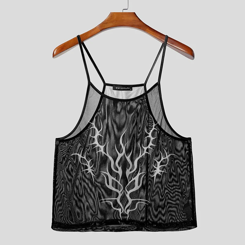 black Sin City Flame Mesh Cami - pridevoyageshop.com - gay men’s harness, lingerie and fetish wear