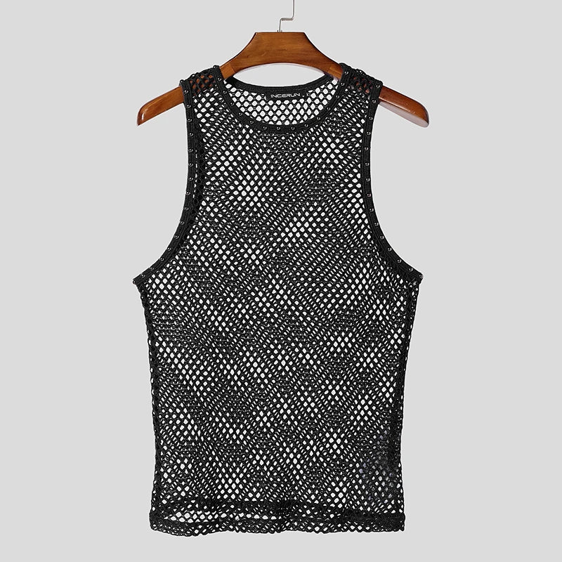 black Studded Showboi Mesh Tank – pridevoyageshopcom – gay mens clubwear mesh tanks crop tops fashion tops partywear activewear
