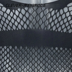 black fishnet teddy flat lay with open chest and thong back design – pridevoyageshop.com – gay men’s harness, lingerie and fetish wear
