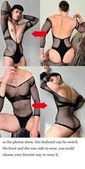 black fishnet teddy flat lay with open chest and thong back design – pridevoyageshop.com – gay men’s harness, lingerie and fetish wear
