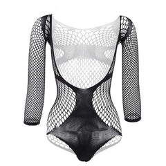 black fishnet teddy flat lay with open chest and thong back design – pridevoyageshop.com – gay men’s harness, lingerie and fetish wear
