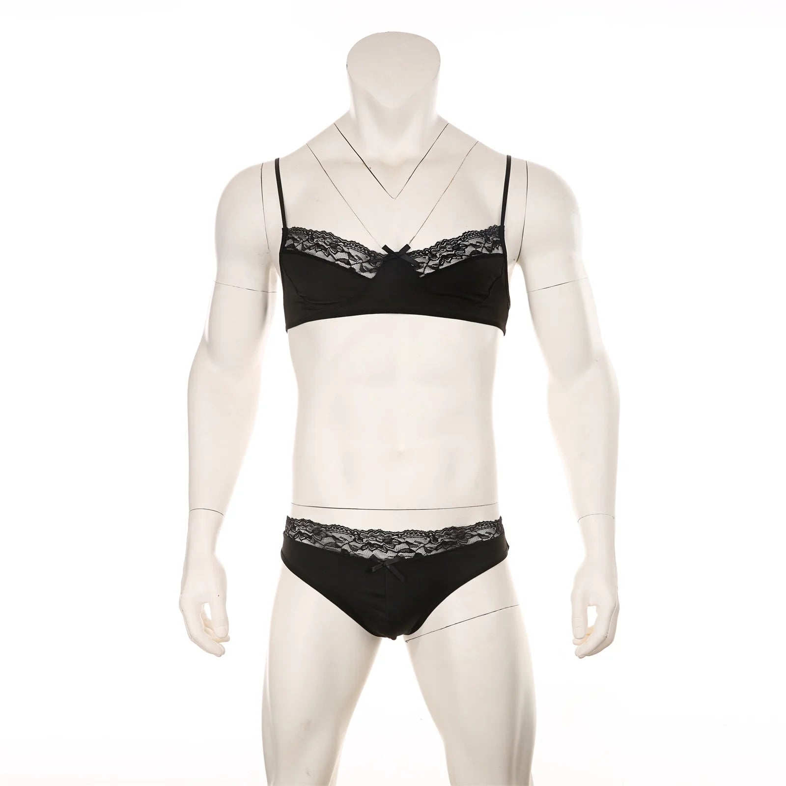black lace Good Boy bralette and brief set flat lay, sheer floral lace, elastic trim, soft cupped top, cheeky bottoms – pridevoyageshop.com – gay men’s harness, lingerie and fetish wear