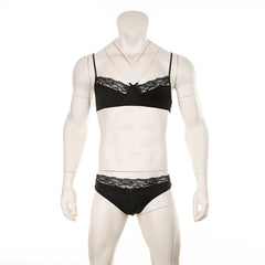 black lace Good Boy bralette and brief set flat lay, sheer floral lace, elastic trim, soft cupped top, cheeky bottoms – pridevoyageshop.com – gay men’s harness, lingerie and fetish wear