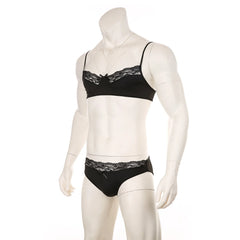black lace Good Boy bralette and brief set flat lay, sheer floral lace, elastic trim, soft cupped top, cheeky bottoms – pridevoyageshop.com – gay men’s harness, lingerie and fetish wear