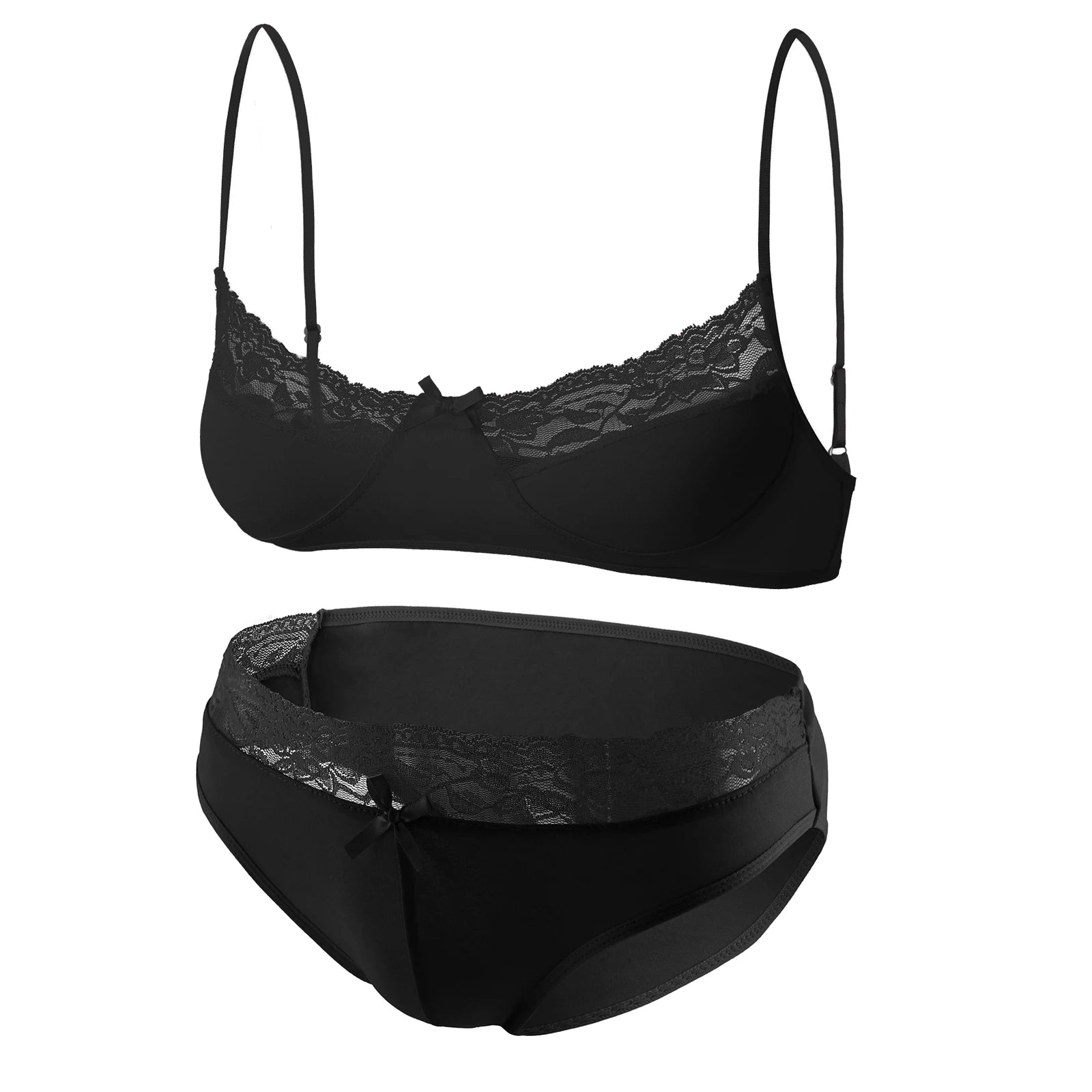 black lace Good Boy bralette and brief set flat lay, sheer floral lace, elastic trim, soft cupped top, cheeky bottoms – pridevoyageshop.com – gay men’s harness, lingerie and fetish wear
