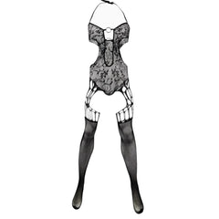 black lace O-ring bodystocking flat lay, floral mesh, cut-out chest ring detail – pridevoyageshop.com – gay men’s harness, lingerie and fetish wear