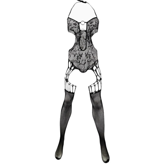 black lace O-ring bodystocking flat lay, floral mesh, cut-out chest ring detail – pridevoyageshop.com – gay men’s harness, lingerie and fetish wear