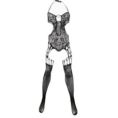 black lace O-ring bodystocking flat lay, floral mesh, cut-out chest ring detail – pridevoyageshop.com – gay men’s harness, lingerie and fetish wear