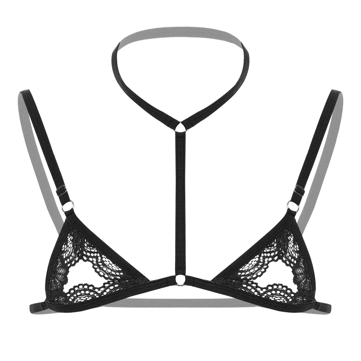 black lace T-bar collar bralette flat lay, sheer lace cups with nipple peek strap cutout – pridevoyageshop.com – gay men’s harness, lingerie and fetish wear