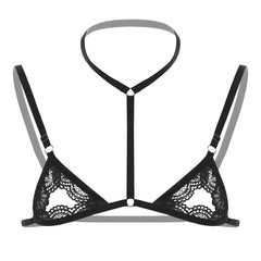 black lace T-bar collar bralette flat lay, sheer lace cups with nipple peek strap cutout – pridevoyageshop.com – gay men’s harness, lingerie and fetish wear