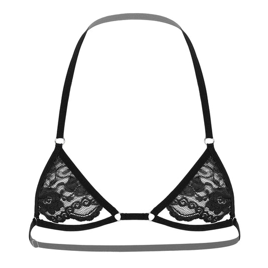 black lace floating-band halter bralette flat lay, sheer lace cups and under-boob strap – pridevoyageshop.com – gay men’s harness, lingerie and fetish wear