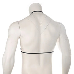 black lace floating-band halter bralette flat lay, sheer lace cups and under-boob strap – pridevoyageshop.com – gay men’s harness, lingerie and fetish wear