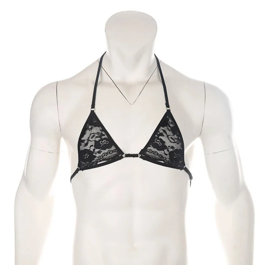 black lace floating-band halter bralette flat lay, sheer lace cups and under-boob strap – pridevoyageshop.com – gay men’s harness, lingerie and fetish wear