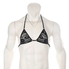 black lace floating-band halter bralette flat lay, sheer lace cups and under-boob strap – pridevoyageshop.com – gay men’s harness, lingerie and fetish wear