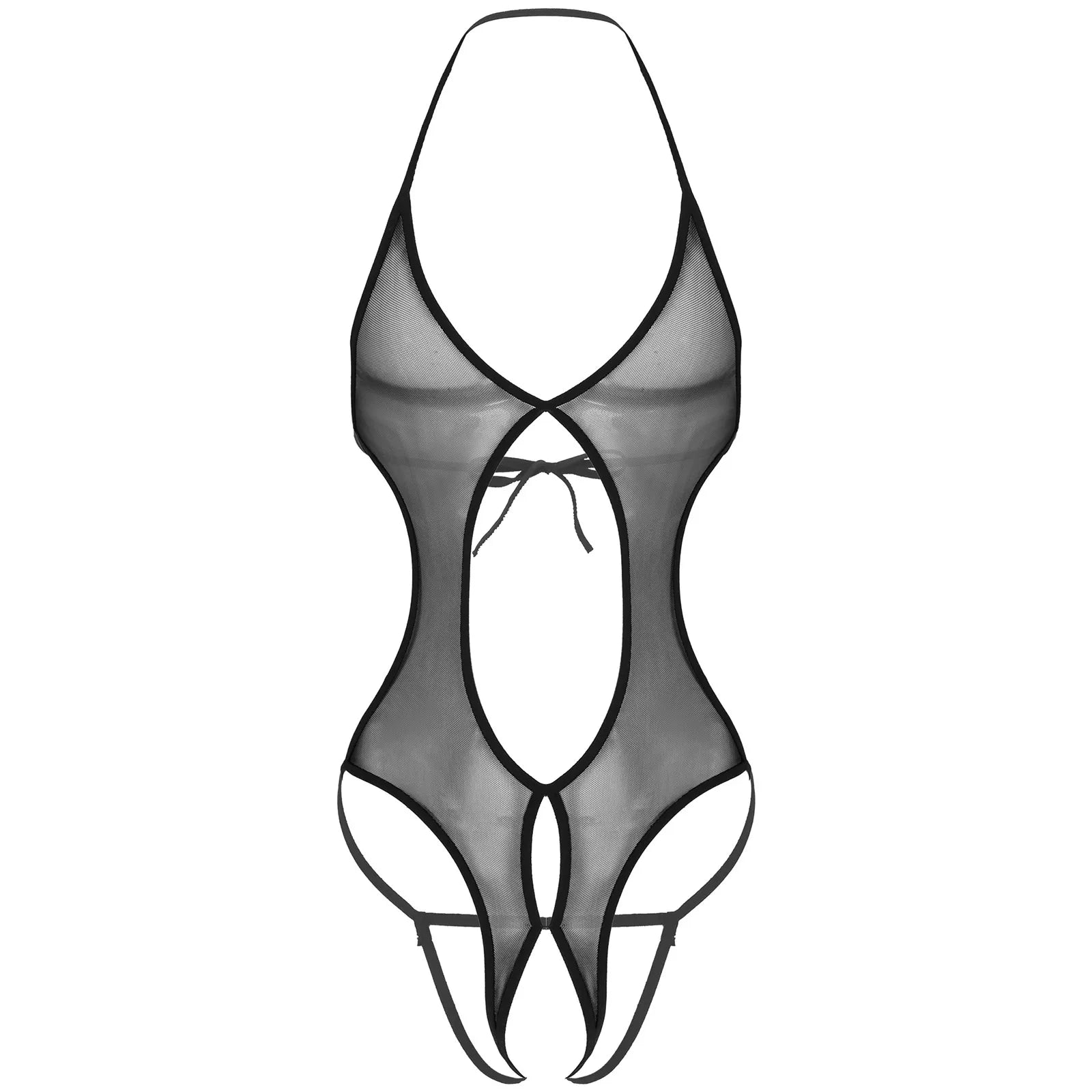 black sheer lace-up bodysuit flat lay, lace detail and corset lacing, high-cut shape – pridevoyageshop.com – gay men’s harness, lingerie and fetish wear